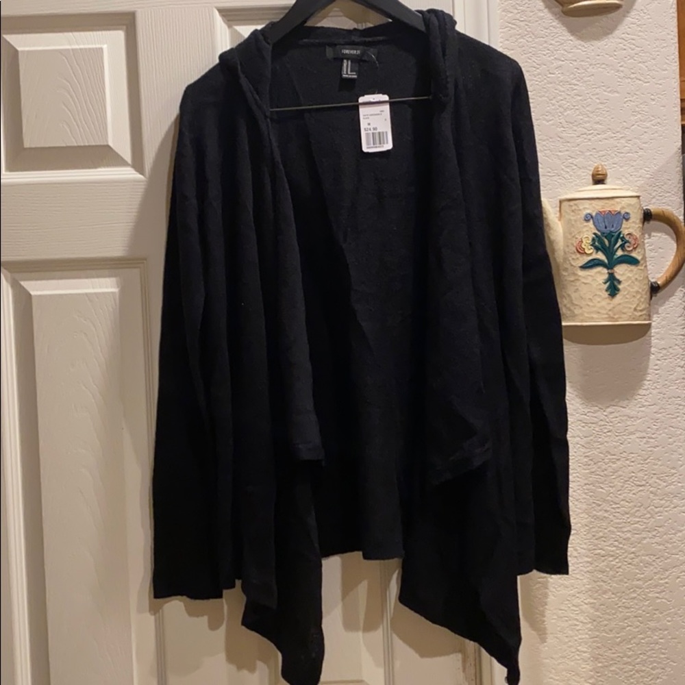 FOREVER21 BLACK WATERFALL HOODED CARDIGAN SZ MED
